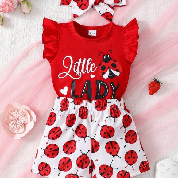 Ladybug Baby Girl Outfit | Little Lady 3PC Set 6 - 9M -3T Infant Summer Clothes - Picture 8 of 8